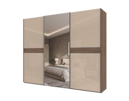 Dulap cu usi glisante LEFT 272x224x61cm Mokka HG lucios + Linkoln Walnut - oglinda, manere antracit 