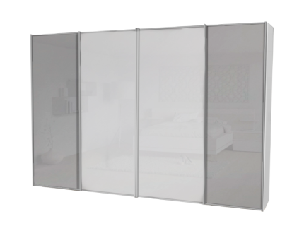 Dulap cu 4 usi glisante 373x222x68cm alb mat/ sticla gri + sticla alba, manere aluminiu model 27 SINFONIE PLUS  