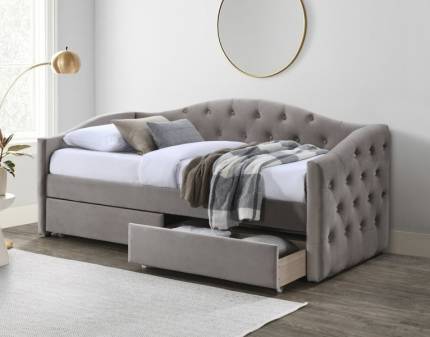 Pat tapitat cu somiera si sertare pentru depozitare ALOHA (90x200cm) material catifea beige
