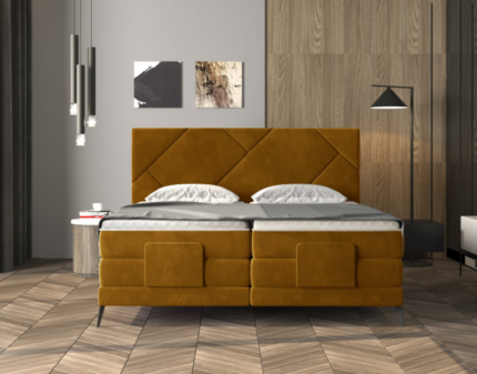 Pat Boxspring cu reglaj electric si topper LENOX (180x200cm) catifea mustar