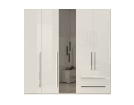 Dulap cu 5 usi si 2 sertare PIANO BEIGE 227x224x56cm bej lucios/ oglinda, maner crom