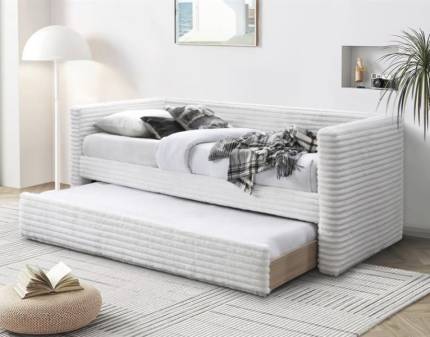 Pat tapitat cu somiera si pat suplimentar ALABAMA (90x200cm) material plusat-raiat cream 