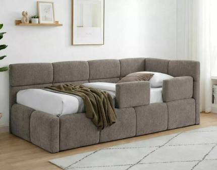 Pat tapitat cu somiera, spatiu pentru depozitare si protectii pentru pat EMMA RAVEN (90x200cm) material textil cappuccino