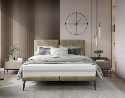 Pat tapitat cu somiera tip placa SELENE 140/ 160/ 180cm personalizabil, picioare negre