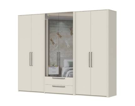 Dulap cu 6 usi cu balamale si 2 sertare AIR 290x225x61cm Pepper White/ oglinda, manere antracit 