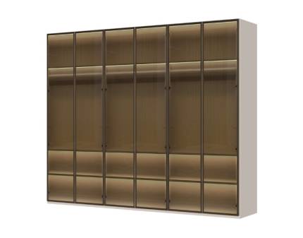 Dulap cu 6 usi cu usi balamale OPERA 272x224x56cm casmir/ sticla, manere maro