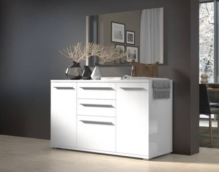 Comoda cu 2 usi si 3 sertare PIANO WHITE 150x85x45cm alb lucios, manere crom