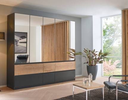 Dulap cu 5 usi cu balamale si 6 sertare WINNIPEG 226x210x56cm gri metalic/ gri lucios - halifax - oglinda