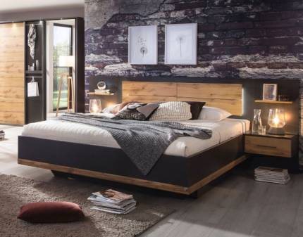 Cadru pat cu noptiere incorporate BOSTON EXTRA (160x200cm) gri metalic/ stejar wotan