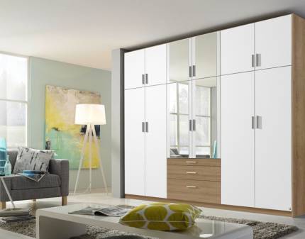 Dulap cu 12 usi cu balamale si 3 sertare HILDESHEIM EXTRA 271x229x54cm alb alpin/ sonoma - oglinda 