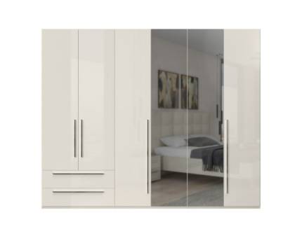 Dulap cu 6 usi si 2 sertare PIANO BEIGE 272x224x56cm bej lucios/ oglinda, maner crom