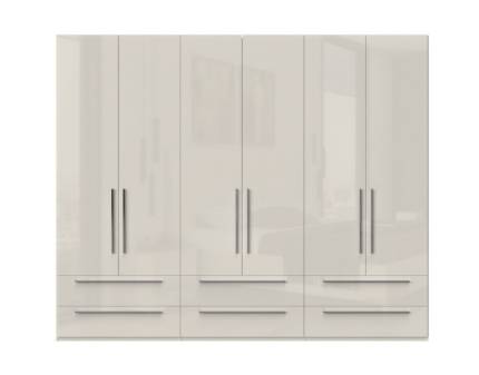 Dulap cu 6 usi si 6 sertare PIANO BEIGE 272x224x56cm bej lucios, maner crom