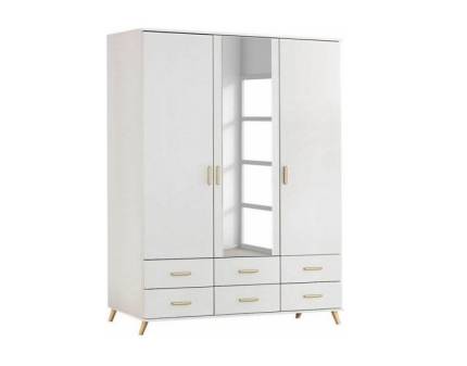 Dulap 3 usi cu balamale si 6 sertare ANNETT 137x203x53cm alb alpin/ oglinda, manere si picioare frasin Coimbra