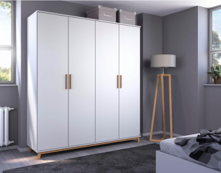 Dulap cu 4 usi cu balamale CARLSSON 181x203x53cm alb alpin, manere stejar