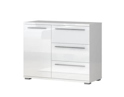 Comoda cu 1 usa si 3 sertare PIANO WHITE 107x85x45cm alb lucios, manere crom