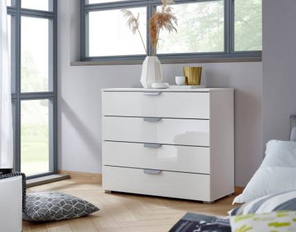 Comoda cu 4 sertare ADITIO 93x81x42cm alb alpin/ sticla alba