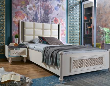 Pat cu noptiera LINA-TORINO (120x200cm) Premium cu design elegant, bej