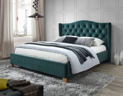 Pat tapitat cu somiera ASPEN VELVET 140/ 160cm catifea green, picioare nuanta lemnului