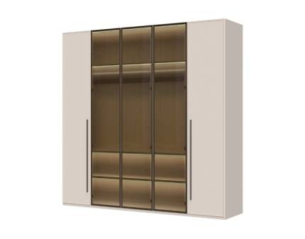 Dulap cu 5 usi cu usi balamale OPERA 227x224x56cm casmir/ sticla fumurie, manere maro