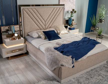 Pat cu somiera si spatiu pentru depozitare si 2 noptiere ELSA (180x200cm) Premium cu design luxury 