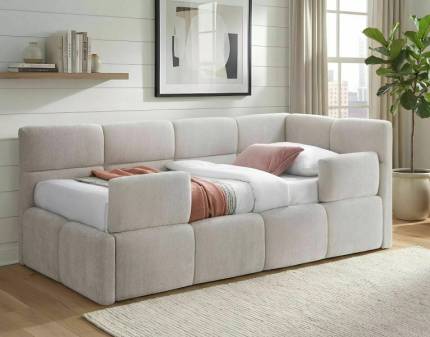 Pat tapitat cu somiera, spatiu pentru depozitare si protectii pentru pat EMMA RAVEN (90x200cm) material textil beige