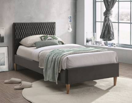 Pat tapitat cu somiera AZURRO VELVET (90x200cm) catifea grey, picioare nuanta lemnului