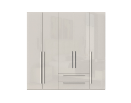 Dulap cu 5 usi si 2 sertare PIANO BEIGE 227x224x56cm bej lucios, maner crom