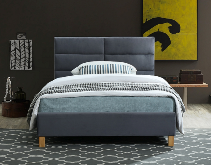 Pat tapitat cu somiera SIERRA VELVET (120x200cm) catifea grey, picioare nuanta lemnului