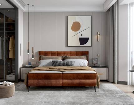 Pat tapitat cu spatiu pentru depozitare, saltea si topper incorporat MARTINA 140/ 160/ 180cm personalizabil, picioare negre