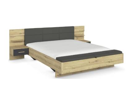 Cadru pat cu noptiere incorporate MOSBACH (180x200cm) stejar Artisan/ gri metalic + ecopiele