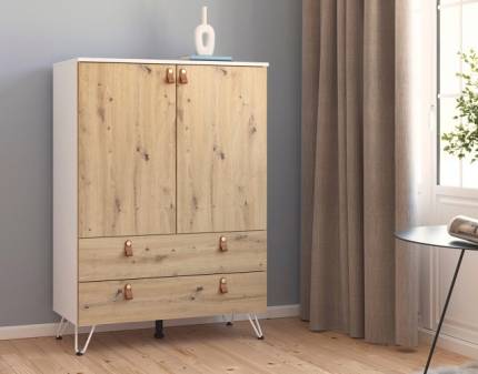 Comoda cu 2 usi si 2 sertare ADITIO 80x100x43cm alb alpin/ stejar Artisan 