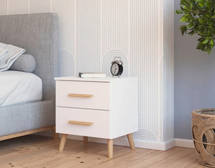 Noptiera cu 2 sertare ADITIO 40x55x42cm alb alpin, manere si picioare stejar