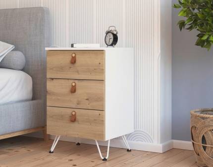 Noptiera cu 3 sertare ADITIO 40x74x42cm alb alpin/ stejar Artisan 