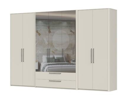 Dulap cu 7 usi cu balamale si 2 sertare AIR 335x225x61cm Pepper White/ oglinda, manere antracit 