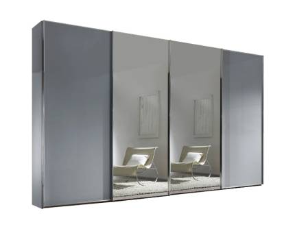 Dulap cu 4 usi glisante 373x240x68cm gri mat/ sticla gri - oglinda, maner crom model 23 SINFONIE PLUS