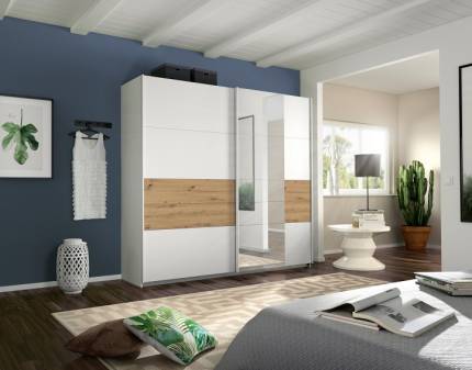 Dulap cu usi glisante BOSTON EXTRA 226x210x62cm alb alpin/ stejar Artisan - oglinda, maner alb alpin