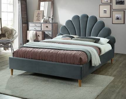 Pat tapitat cu somiera SANTANA VELVET (160x200cm) catifea grey, picioare nuanta lemnului