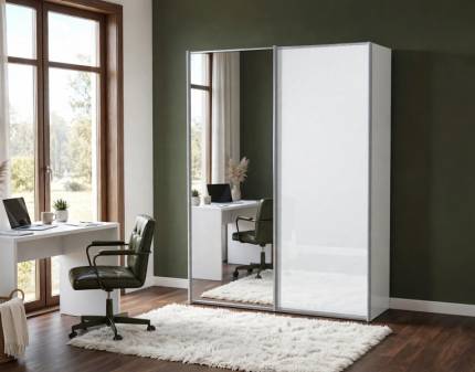 Dulap cu 2 usi glisante 150x222x68cm alb mat/ sticla alba - oglinda, maner aluminiu model 23 SINFONIE PLUS 