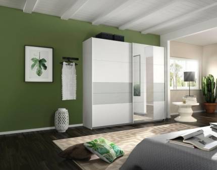 Dulap cu usi glisnate BOSTON EXTRA 226x210x62cm alb alpin/ silk grey - oglinda, maner alb alpin