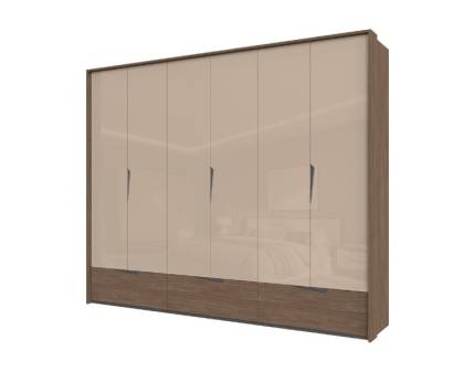 Dulap cu 6 usi cu balamale si 3 sertare LEFT 277x226x60cm Mokka HG lucios + Linkoln Walnut, manere incorporate antracit, cu rama passepartout
