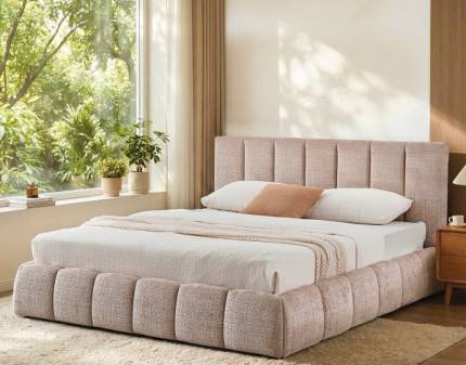 Pat tapitat cu somiera si spatiu pentru depozitare DAISY (160x200cm) material textil-plusat beige