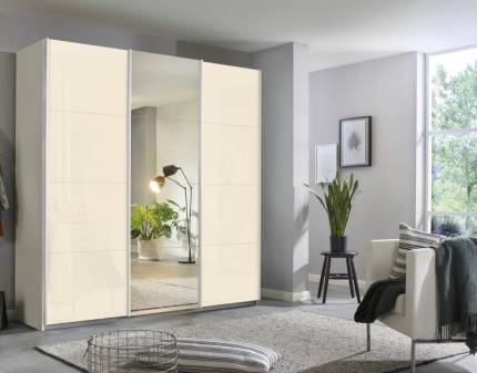 Dulap cu usi glisante KULMBACH 203x210x62cm alb alpin/ sticla champagne-oglinda configurabil