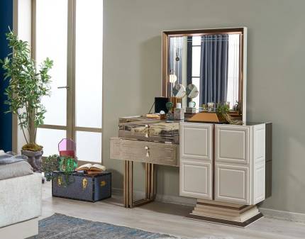 Comoda tip masa make-up cu 2 usi si 2 sertare si oglinda FELIX pemium cu design luxury