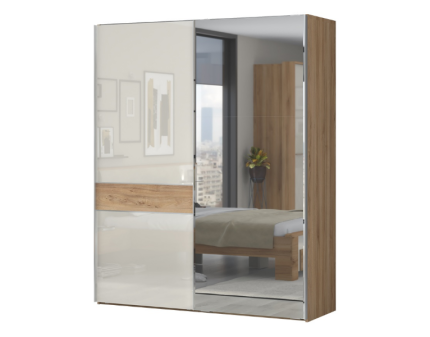 Dulap cu usi glisante GALA 182x224x61cm bej lucios/ Nuc Pacific - oglinda