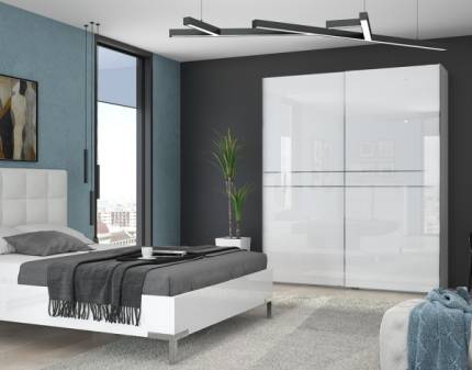 Dulap cu usi glisante PIANO WHITE 182x224x61cm alb lucios, maner crom