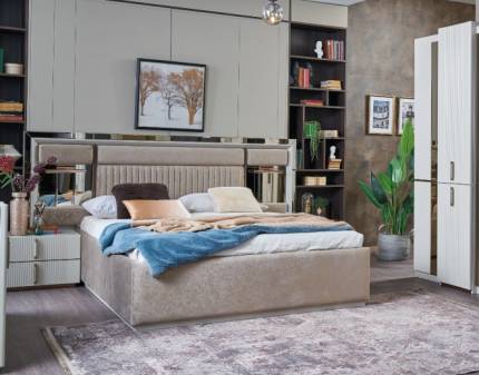 Pat cu somiera si spatiu pentru depozitare si 2 noptiere CREA (160x200cm) Premium cu design luxury