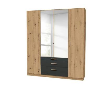 Dulap cu 4 usi cu balamale si 3 sertare MOSBACH 181x210x54cm stejar Artisan/ gri metalic