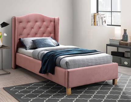 Pat tapitat cu somiera ASPEN VELVET (90xx200cm) catifea somon pink, picioare nuanta lemnului