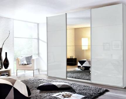 Dulap cu usi glisante KULMBACH 271x229x62cm alb alpin/ alb lucios - oglinda configurabil