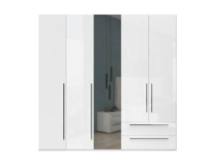 Dulap cu 5 usi si 2 sertare PIANO WHITE 227x224x56cm alb lucios/ oglinda, maner crom